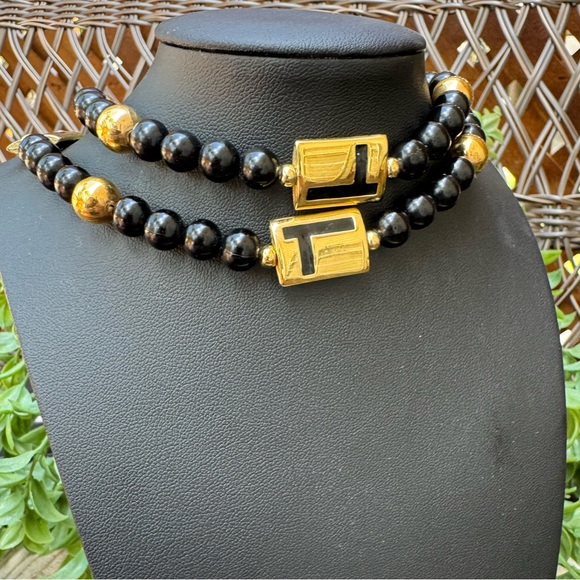 Napier Signed Black and Gold Beaded Long Necklace - Picture 4 of 5